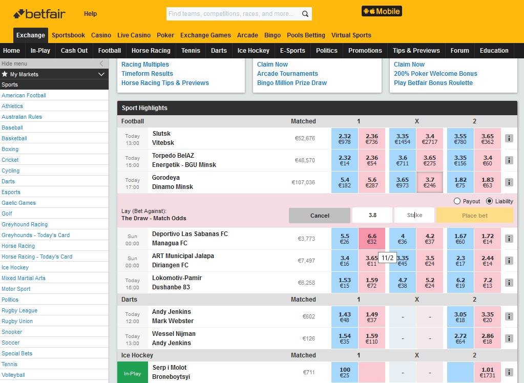 Allgemeine Ansicht der Betfair-Oberfläche vor der Auswahl eines Spiels